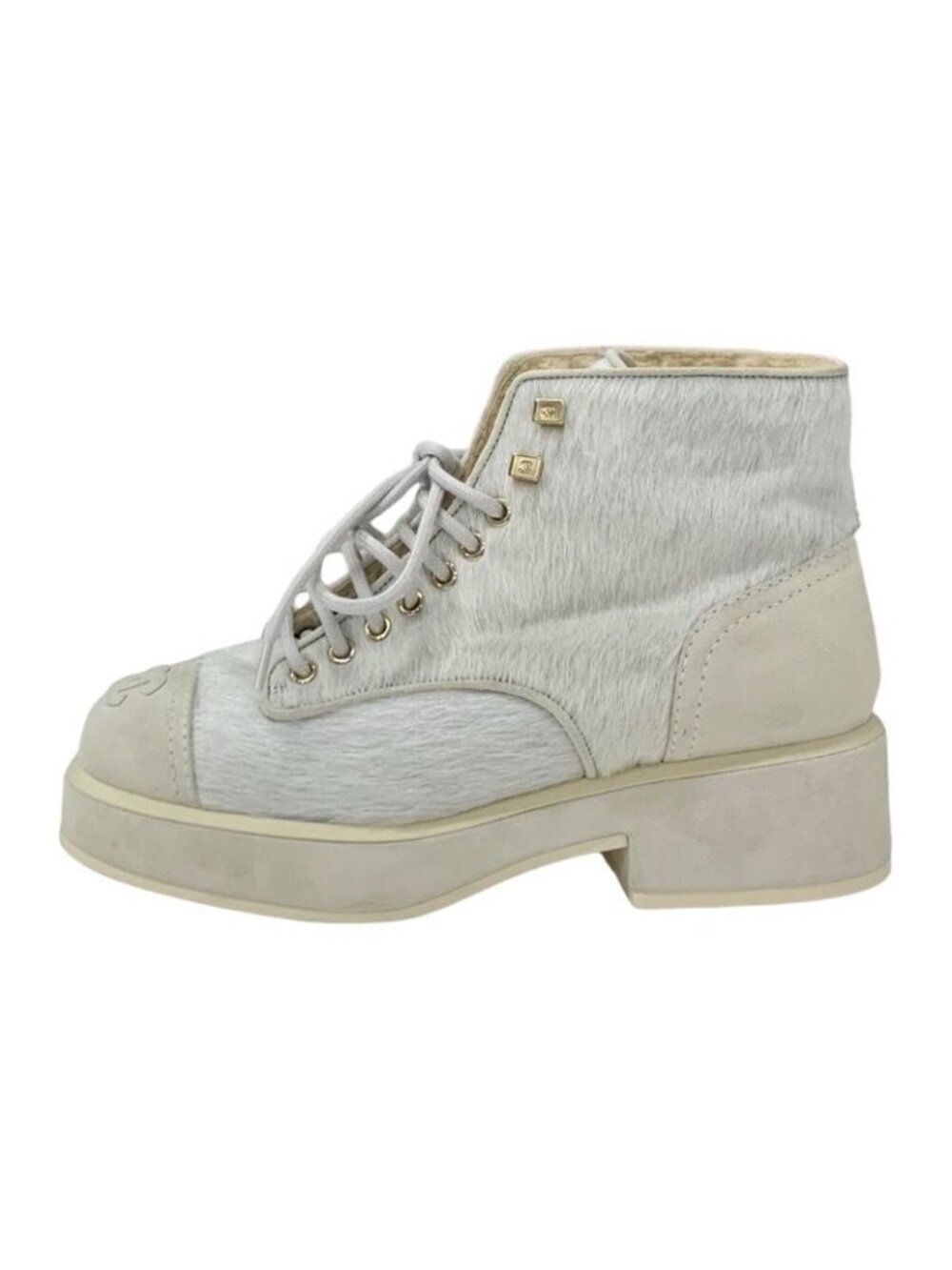 Chanel Boots Short Shoes Haraco Suede Shearling Beige Gray Coco Mark Lace - Picture 3 of 10